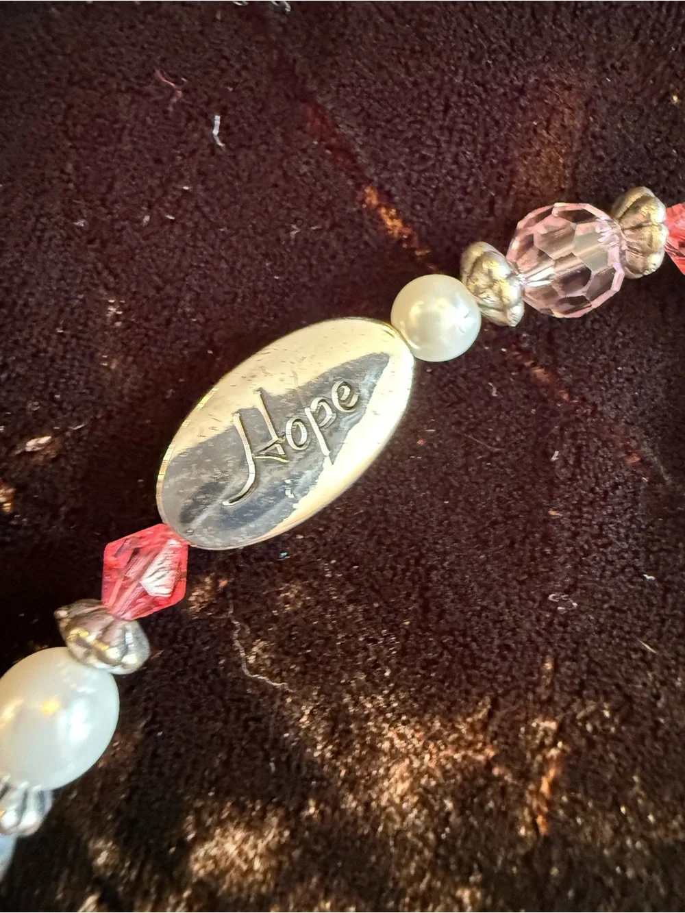Pink Crystal bead breast cancer awareness, & Pearl Inspirational Charm Bracelet